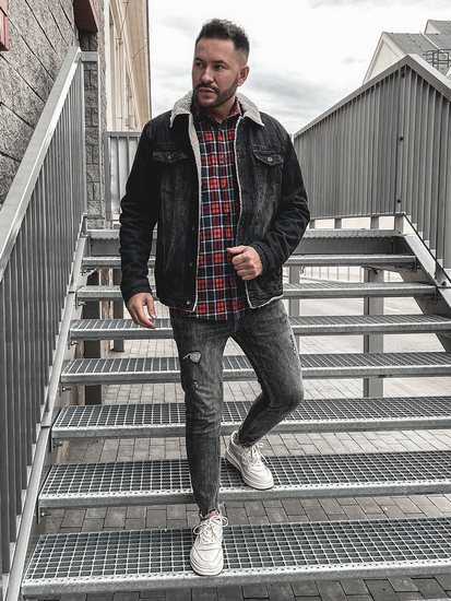 Черно дънково яке тип trucker с топла подплата и каракул на яката Bolf 1158A