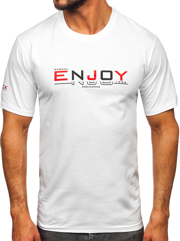 Бяла памучна мъжка тениска с принт Bolf 14773