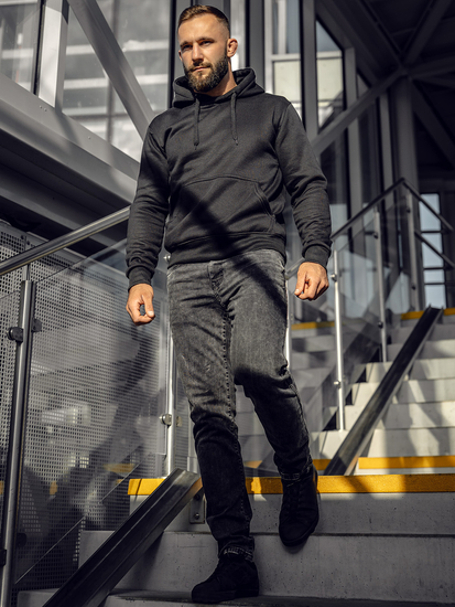 Черен мъжки суитшърт с качулка с джоб тип кенгуру Bolf 2009A4