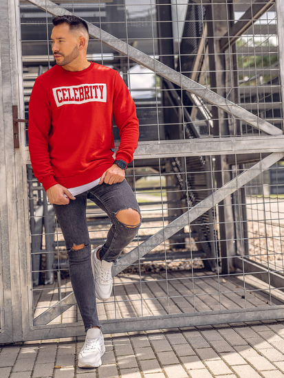 Mъжки суитшърт без качулка с принт червен Bolf 11115A