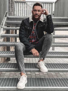 Черно дънково яке тип trucker с топла подплата и каракул на яката Bolf 1158A