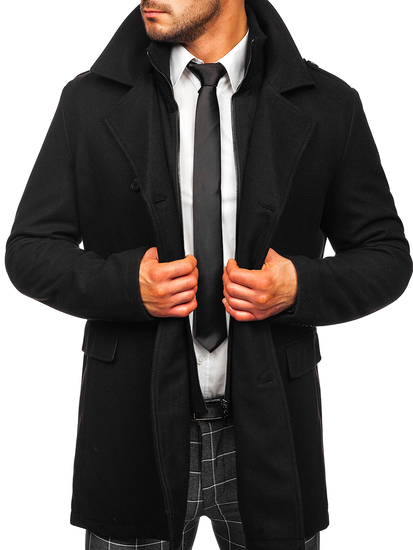 Черно двуредно мъжко зимно палто с подвижна допълнителна яка Bolf 8805