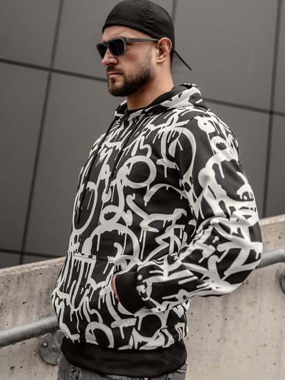 Чернo-бял мъжки суитшърт с качулка и щампа  Bolf 8B1152A