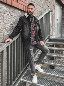 Черно дънково яке тип trucker с топла подплата и каракул на яката Bolf 1158A