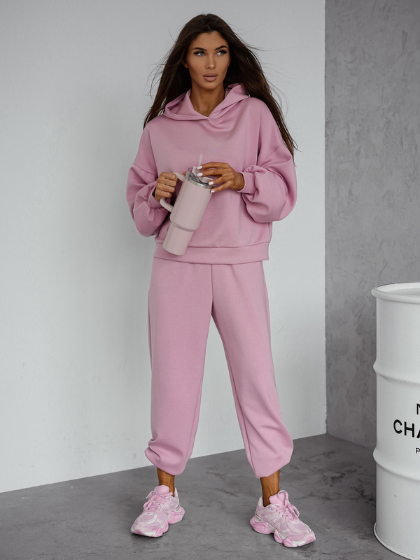 Дамски двуцветен спортен комплект с качулка пудров Bolf 525