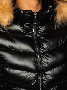 Черно капитонирано дамско зимно яке с качулка Bolf 6830