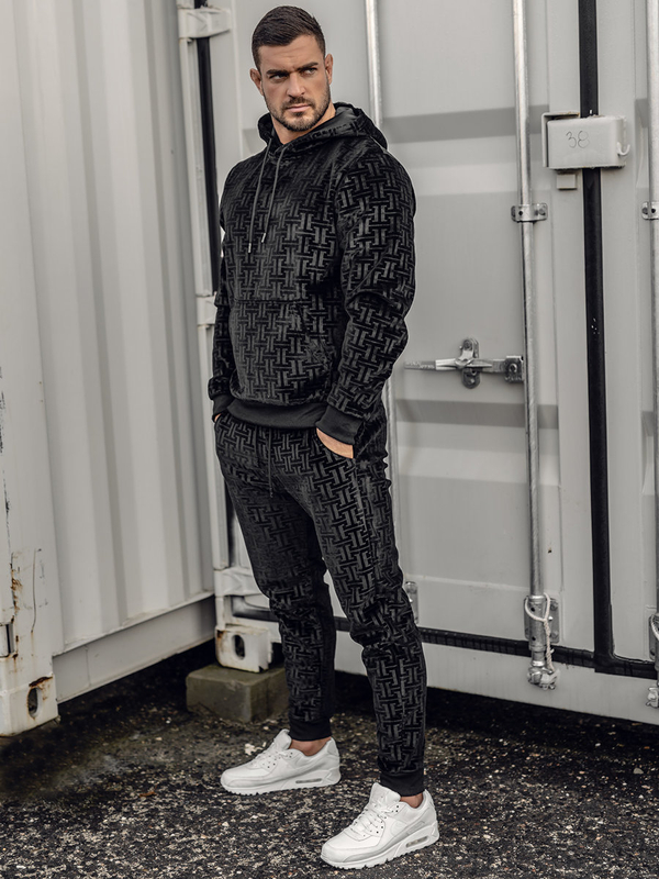 Черен мъжки плюшен анцуг с качулка Bolf 3A81-A