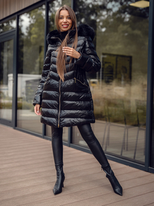 Черно дълго капитонирано дамско зимно яке с качулка Bolf 5M3162