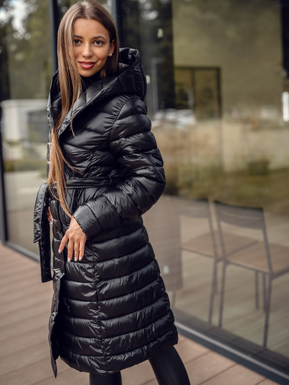 Черно дълго капитонирано дамско преходно яке с качулка Bolf 5M3159