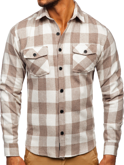 Бежева мъжка елегантна бархетна риза с дълъг ръкав Bolf 20723