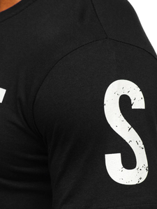 Черна памучна мъжка тениска с принт Bolf 1180