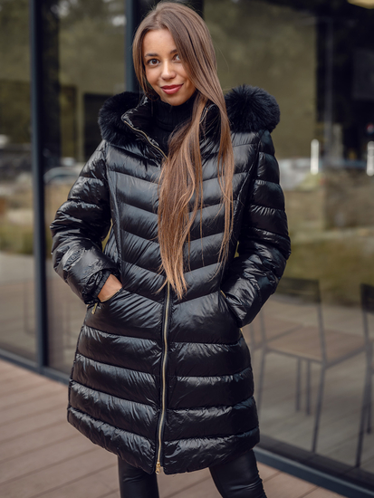Черно дълго капитонирано дамско зимно яке с качулка Bolf 5M3162