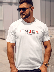 Бяла памучна мъжка тениска с принт Bolf 14739A