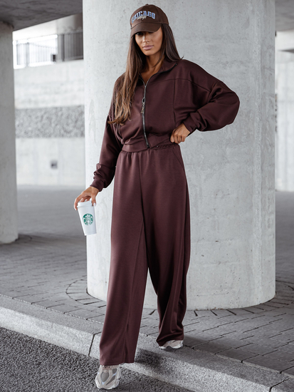 Дамски двуцветен спортен комплект с цип шоколадов Bolf 821109