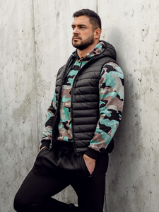 Черен капитониран мъжки елек с качулка Bolf 13072A