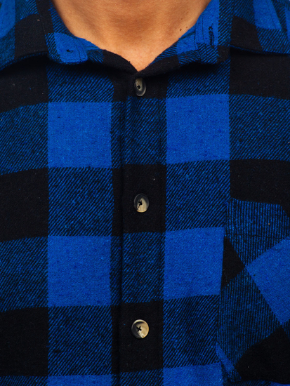 Тъмносиня мъжка карирана фланелена риза с дълги ръкави Bolf 2025-1