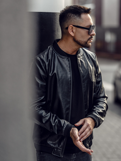 Черно кожено мъжко яке бомбър Bolf 6803B