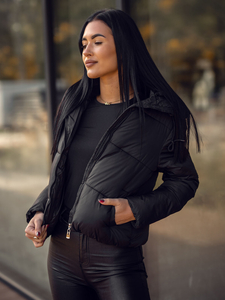 Дамско късо ватирано зимно яке с качулка черно Bolf 5M3237