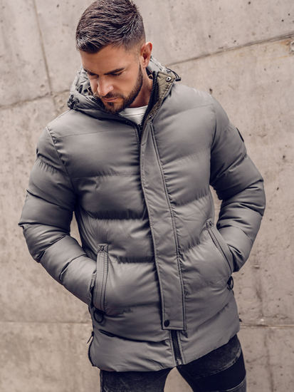 Сиво капитонирано мъжко зимно яке тип парка Bolf 7330