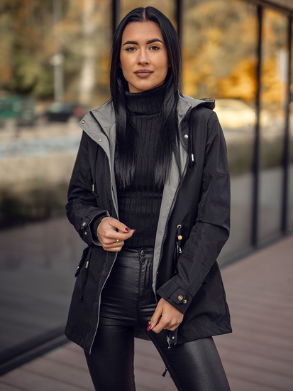 Дамско яке тип парка с качулка и качулка, черно и сиво Bolf 16M9081