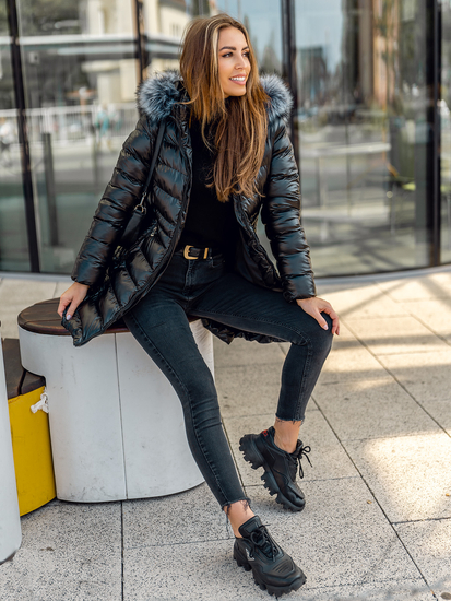 Черно дълго капитонирано дамско зимно яке с качулка Bolf 7076