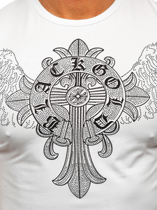 Бяла мъжка тениска с принт z cekinami Bolf MT3037