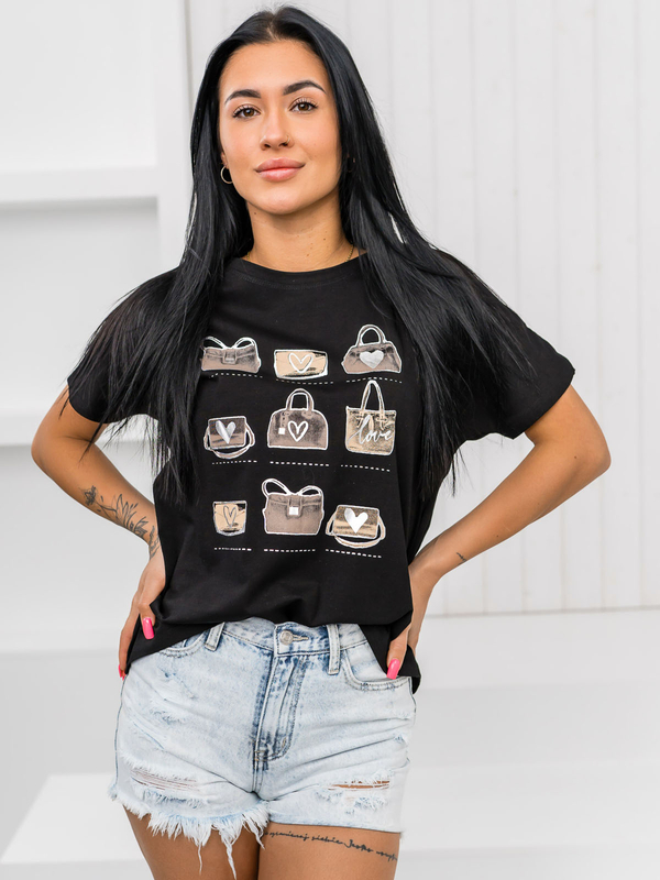 Черна дамска тениска с щампа Bolf 95T2531