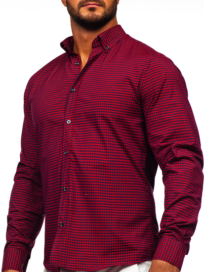 Мъжка риза на каре в цвят бордо с дълъг ръкав Bolf 22745