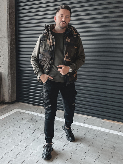 Каки мъжки капитониран елек с качулка камуфлаж Bolf 6876