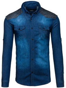 Мъжка дънкова риза с шарки и дълъг ръкав тъмносиня Bolf 0517