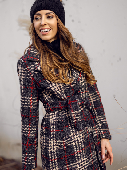 Графитно дълго топло дамско зимно палто с колан Bolf OMDL011