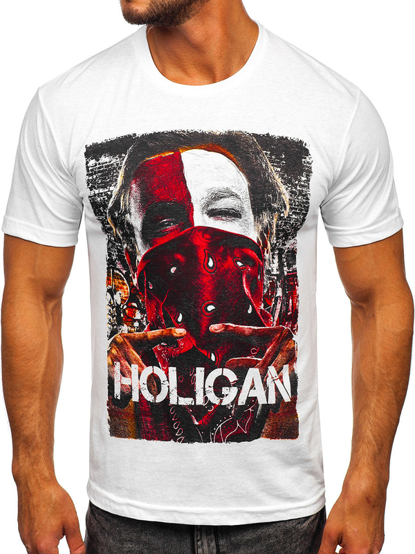 Бяла памучна мъжка тениска с принт Bolf CMR18