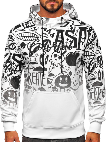 Бял мъжки суитшърт с качулка и принт Bolf 8B995
