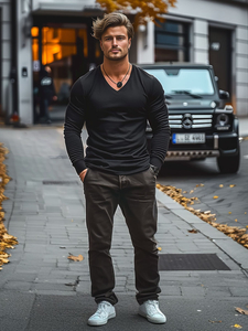 Мъжки longsleeve с V-образно деколте без принт черен Bolf 172008