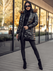 Дамско дълго ватирано зимно яке с качулка черно-кафяво Bolf 16M9120