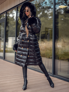 Черно дълго дамско зимно капитонирано яке с качулка Bolf 5M3160