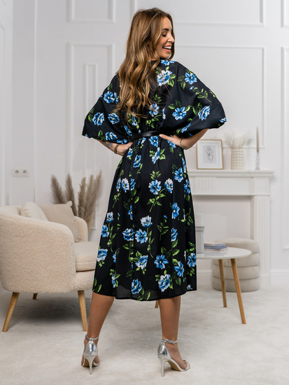 Черно-синя дълга дамска рокля на цветя Bolf XY202116