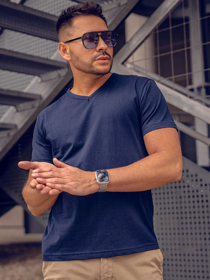 Мъжка тениска без принт с V-образно деколте тъмносиня Bolf 192131