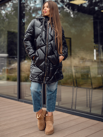 Черно дълго капитонирано дамско зимно яке с качулка Bolf 5M3189