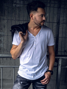 Бяла памучна мъжка тениска с V-образно деколте без щампа Bolf 4049A2