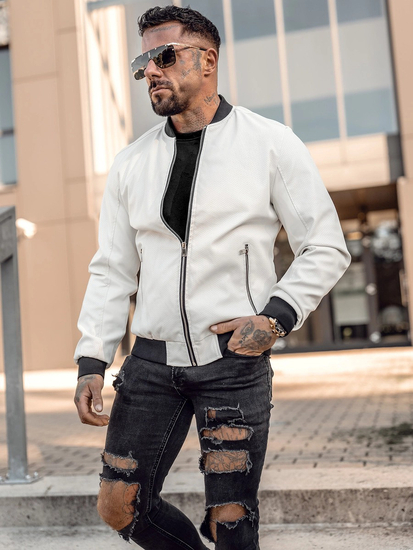 Бяло мъжко кожено бомбър яке Bolf 7110A2