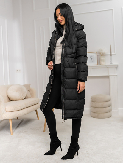 Черно дълго капитонирано дамско зимно яке с качулка Bolf 5M736B