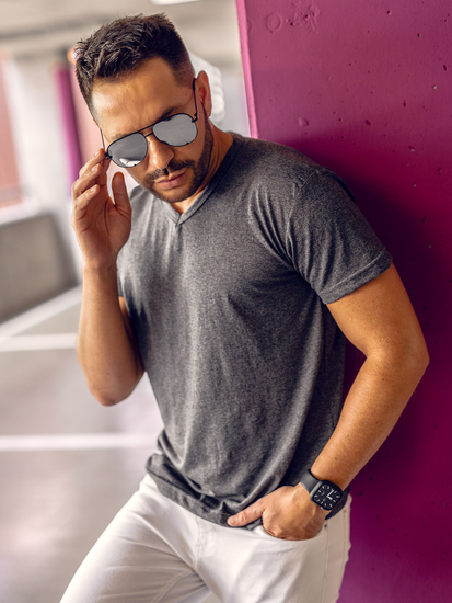 Мъжка изчистена тениска с V-образно деколте в цвят антрацит Bolf 192131A