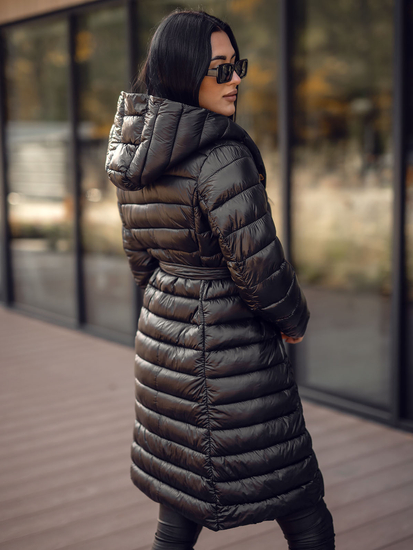 Дамско дълго ватирано преходно яке с качулка черно Bolf 5M3219