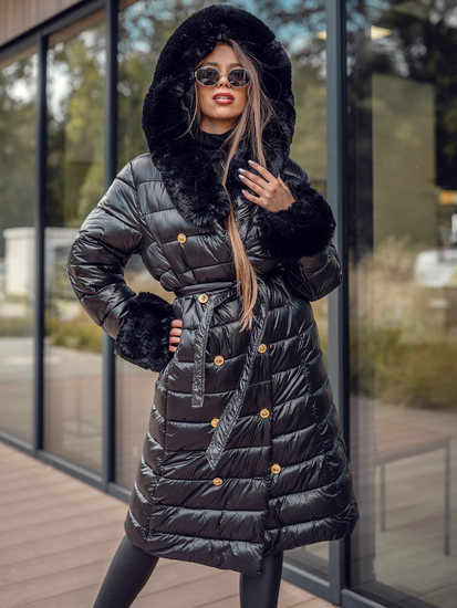 Черно дълго дамско зимно капитонирано яке с качулка Bolf 5M3160