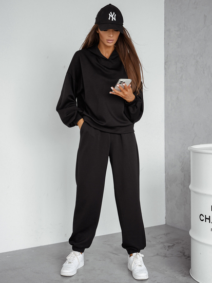 Дамски двуцветен спортен комплект с качулка черен Bolf 525