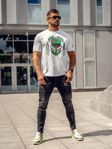 Бяла памучна мъжка тениска с щампа Bolf 192379A