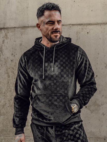 Черен мъжки плюшен анцуг с качулка Bolf 3A82-A