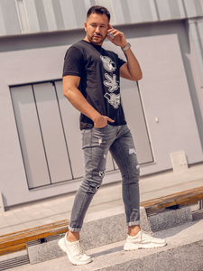 Черна памучна мъжка тениска с щампа Bolf KS1997A