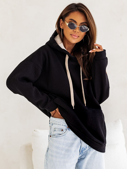 Дамски подплатен суитшърт с качулка черен Bolf 82131